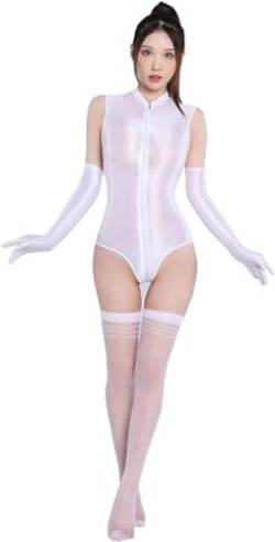 Yaaapiy Damen Ganzkörperanzug Yoga Jumpsuit Einteiler Hose Overall Halb-transparent Body Bodysuit eng sexy Kostüm Catsuit mit Reisverschluss (Weiß Blickdicht) von Yaaapiy