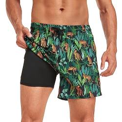 Yaavii Badehose Herren mit Kompression Badeshorts 2 in 1 Schnelltrocknend Druck Surfen Strandhose Männer mit Reißverschlusstaschen Grün Leopard L von Yaavii