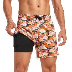 Yaavii Badehose Herren mit Kompression Badeshorts 2 in 1 Schnelltrocknend Druck Surfen Strandhose Männer mit Reißverschlusstaschen Orange Blumen XL von Yaavii