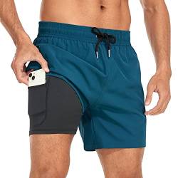 Yaavii Badeshorts Herren Badehose mit Kompression Liner 2 in 1 Schnelltrocknend Strandhose Männer Boardshorts mit Reißverschlusstaschen Blau S von Yaavii