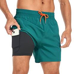 Yaavii Badeshorts Herren Badehose mit Kompression Liner 2 in 1 Schnelltrocknend Strandhose Männer Boardshorts mit Reißverschlusstaschen Grün M von Yaavii