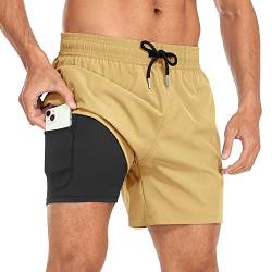 Yaavii Badeshorts Herren Badehose mit Kompression Liner 2 in 1 Schnelltrocknend Strandhose Männer Boardshorts mit Reißverschlusstaschen Khaki L von Yaavii