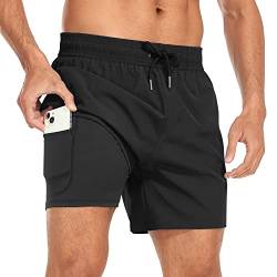 Yaavii Badeshorts Herren Badehose mit Kompression Liner 2 in 1 Schnelltrocknend Strandhose Männer Boardshorts mit Reißverschlusstaschen Schwarz S von Yaavii