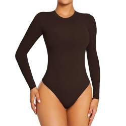 Yaavii Body Damen Langarm Shaping Bodysuit mit Rundhals für Frauen Shapewear Tanga Kaffee S von Yaavii