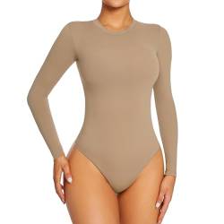 Yaavii Body Damen Langarm Shaping Bodysuit mit Rundhals für Frauen Shapewear Tanga Kamel S von Yaavii