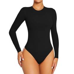 Yaavii Body Damen Langarm Shaping Bodysuit mit Rundhals für Frauen Shapewear Tanga Schwarz L von Yaavii