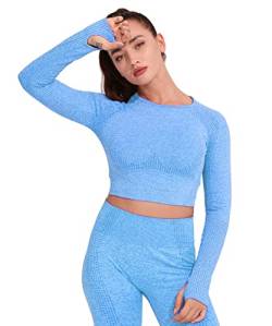 Yaavii Damen Sport Laufshirt Longsleeve T-Shirts Bauchfrei Langarm Crop Top Fitness Oberteile Blau L von Yaavii