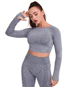 Yaavii Damen Sport Laufshirt Longsleeve T-Shirts Bauchfrei Langarm Crop Top Fitness Oberteile Grau M von Yaavii