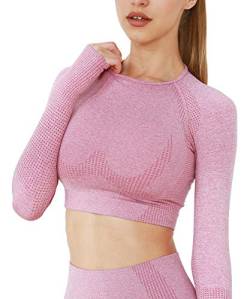 Yaavii Damen Sport Laufshirt Longsleeve T-Shirts Bauchfrei Langarm Crop Top Fitness Oberteile Rosa M von Yaavii