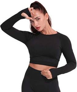 Yaavii Damen Sport Laufshirt Longsleeve T-Shirts Bauchfrei Langarm Crop Top Fitness Oberteile Schwarz M von Yaavii