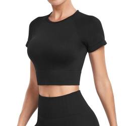 Yaavii Kurzarm Sport Oberteile Damen Ribbed Gym T-Shirts Bauchfrei Crop Top Fitness Schwarz L von Yaavii