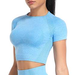 Yaavii Sport Oberteile Damen Kurzarm Gym T-Shirts Bauchfrei Crop Top Fitness Blau M von Yaavii