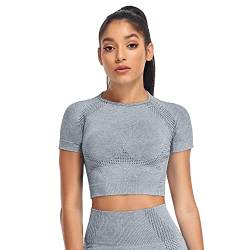 Yaavii Sport Oberteile Damen Kurzarm Gym T-Shirts Bauchfrei Crop Top Fitness Grau L von Yaavii