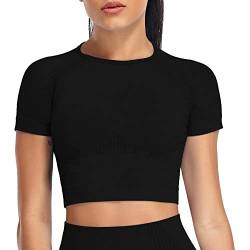 Yaavii Sport Oberteile Damen Kurzarm Gym T-Shirts Bauchfrei Crop Top Fitness Schwarz L von Yaavii