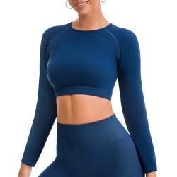 Yaavii Sport Oberteile Damen Langarm Gym T-Shirts Bauchfrei Crop Top Fitness Blau M von Yaavii