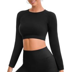 Yaavii Sport Oberteile Damen Langarm Gym T-Shirts Bauchfrei Crop Top Fitness Schwarz L von Yaavii