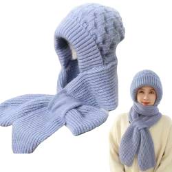 Yaclonq Verdickte Integrierter Gehörschutz Winddichte Mütze Schal,Warme 2 in 1 Maskenschal Strickmütze,Winter Verdickter Warmer Strickmütze Kapuzenschal,Mützenschal Damen(Blau) von Yaclonq