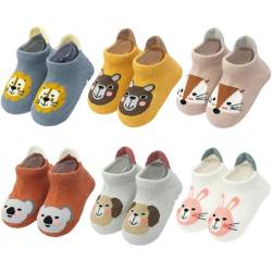 Yafane 6 Paar Baby Kleinkinder ABS Rutschfeste Socken Sneaker Socken Tiermotive Baumwolle Jungen Mädchen Kleinkind Antirutschsocken (1-3 Jahre, Mehrfarbig A) von Yafane