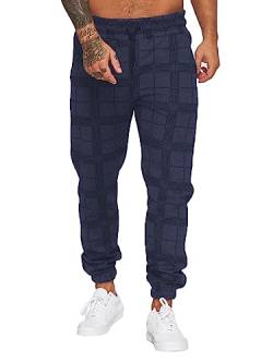 Jogginghose Herren Trainingshose Loose Fit Sporthose Lang Sweatpants Kariert Freizeithose für Männer(Navy blau,XL) von Yageshark