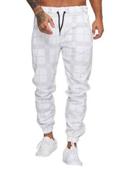 Jogginghose Herren Trainingshose Loose Fit Sporthose Lang Sweatpants Kariert Freizeithose für Männer(Weiß,XL) von Yageshark