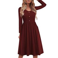 Yageshark Damen Midikleid Langarm Kleid Rundhals Einfarbig Kleider Knielang Knopf Freizeitkleid(Z-Wein,Large) von Yageshark