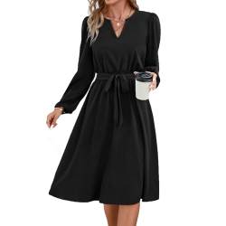 Yageshark Kleider für Damen Midikleid Langarm V-Ausschnitt Einfarbige Hemdkleid Elegant Casual Frauen Tunika Kleid (Schwarz,L) von Yageshark