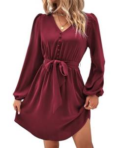 Yageshark Kleider für Damen Minikleid Langarm V-Ausschnitt Einfarbige Hemdkleid Elegant Casual Frauen Kleid (Wein,XL) von Yageshark