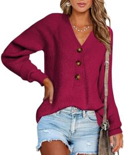 Yageshark Pullover Damen Strickpullover Elegant Knöpfe Langarm V-Ausschnitt Lose Grobstrickpullover Jumper Oberteile Pulli Tops (Wein,Large) von Yageshark