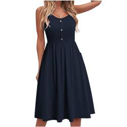 Yageshark Sommerkleid Damen Einfarbig Spaghetti Swing Strandkleid Knielang A-Linien Knopf Kleid Midikleid (Navy,Large) von Yageshark