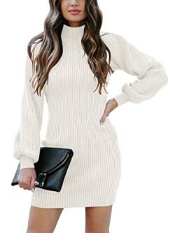 Yageshark Strickkleider Damen Pulloverkleid Minikleid Winterkleid Casual Hohe Elastizität Langarm Kleider Strick(Weiß, Large) von Yageshark