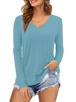 Yageshark Tshirt Damen Kurzarm/Langarmshirt Damen Oberteile V-Ausschnitt Einfarbig Sommer Shirt Lässig Blütenblatt Ärmel Basic T Shirt (A-Blau,S) von Yageshark