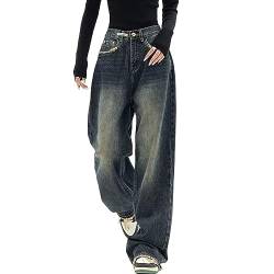 Yahbrra Baggy Jeans Damen Jeans Hose mit Hoher Taille Gerade Breites Bein Denim Hosen Y2k Aesthetic Vintage Jeanshosen 90er Streetwear Jeanshose Straight Leg Pants Loose Fit Boyfriend Pants (Color : von Yahbrra