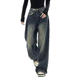 Yahbrra Baggy Jeans Damen Jeans Hose mit Hoher Taille Y2K Style Harajuku E Girl Streetwear Hose Casual Baggy Vintage Denim Hose Freizeit Loose Trendy Cargo Jeans Schlupfjeans (Color : Blue, Size : 5 von Yahbrra