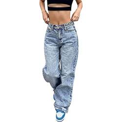 Yahbrra Damen Baggy Jeans Y2K Style Vintage Gerade Hosen Lange Denim Jeans Hose Casual Lose Damenhose Freizeithose Boyfriend Jeans mit Tasche Gerade Breites Bein Arbeitshose (Color : Blue, Size : M von Yahbrra