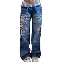 Yahbrra Damen Low Waist Wide Leg Jeans Vintage Print Baggy Hose Y2K Distressed Straight Denim Pants Slim Flare Jean E Girl Streetwear Harajuku Baggy Lounge Pants (Color : Blue, Size : S) von Yahbrra