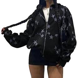 Yahbrra Damen Y2K Jacke Zip Up Hoodies Sterne Motiv Graphics Harajuku für Paare Sweatshirt Vintage Kapuzenjacke Unisex Sweatjacke mit Kapuze 90er E Girl Top Bequeme Loose Fit Sweatshirts (Color : Sch von Yahbrra