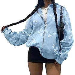 Yahbrra Damen Y2K Jacke Zip Up Hoodies Sterne Motiv Graphics Harajuku für Paare Sweatshirt Vintage Kapuzenjacke Unisex Sweatjacke mit Kapuze 90er E Girl Top Bequeme Loose Fit Sweatshirts (Color : Blu von Yahbrra