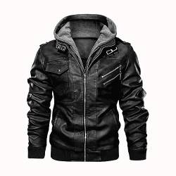 Yahbrra Herren Lederjacke Echtes Leder Jacke Echtleder Übergangsjacke Fashion Abnehmbarer Kapuze Hooded Leather Jacket mit Reißverschluss Lederjacke mit abnehmbarer Kapuze (Color : Schwarz, Size : L von Yahbrra