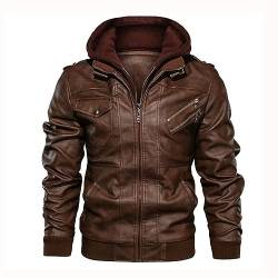 Yahbrra Herren Lederjacke Leichte Slim Fit Basic Jacke Vegan Herren Kunst Lederjacke Bikerjacke mit Abnehmbarer Kapuze Übergangsjacke Stylisch Herrenjacke Herbst Winter Freizeitjacke (Color : Brown, von Yahbrra