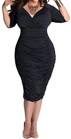 Yajedo Damen Übergröße Bodycon Sexy V-Ausschnitt Kurzarm Rüschen Cocktail Midi Kleider, 10899 Schwarz, 4XL von Yajedo