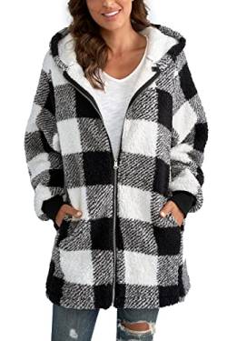 Yanekop Übergroße Sherpa-Jacken für Damen, flauschig, Fleece, Hoodies, Reißverschluss, Oberbekleidung, Mantel mit Taschen, Weiß, Schwarz, XXL von Yanekop