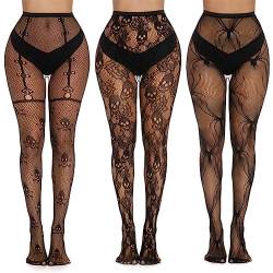 Yangshine 3 Paare Halloween Fischnetze Strümpfe Schädel Spinnennetz Hohe Taille Mesh Strumpfhosen Strümpfe Schwarze Fischnetz Strumpfhosen für Frauen, Farbe#1 von Yangshine