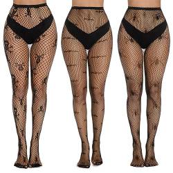 Yangshine 3 Paare Halloween Fischnetze Strümpfe Schädel Spinnennetz Hohe Taille Mesh Strumpfhosen Strümpfe Schwarze Fischnetz Strumpfhosen für Frauen, Farbe#3 von Yangshine