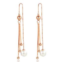 Yangver Damen Lang Ohrschnur Roségold Ohrringe mit Perle 925er Silber Ohrstecker Quasten Ohrringe Hängend Lange Kette Hypoallergen Ohrschmuck für Mädchen von Yangver