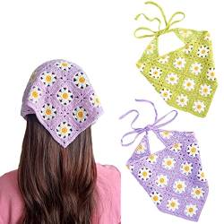 2 Stück gehäkelte Haarbandanas für Damen, Boho-Blumen-Kopftuch für Damen, gehäkeltes Dreieck-Kopftuch, Vintage-Blumen-Haarschal, Violett und Grün, One size von Yanmucy