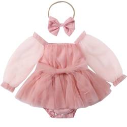 Yanmucy Baby Mädchen Kleid mit Schleife Stirnband Sommer Ruffle Tulle Strampler für Kleinkind Langarm Prinzessin Rock für 0-24 Monate (DE/NL/SE/PL, Alter, 0 Monate, 6 Monate, Rosa) von Yanmucy