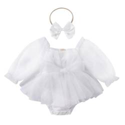 Yanmucy Baby Mädchen Kleid mit Schleife Stirnband Sommer Ruffle Tulle Strampler für Kleinkind Langarm Prinzessin Rock für 0-24 Monate (DE/NL/SE/PL, Alter, 0 Monate, 6 Monate, Weiß) von Yanmucy