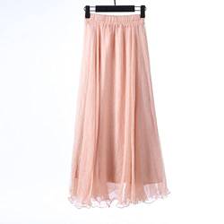 Yannaky Langer Rock Mode Frauen Chiffon Lange Röcke Hohe Taille Bodenlange Rüschen Weißer Sommer Boho Maxi Rock-Pink,100Cm Length von Yannaky