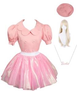 Yanny Bar-bie Cosplay Kleid Accessories Hat Margot Robbie Pink Kostüm Halloween Dress (Pink + Wig, 3X-Large) von Yanny