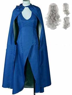 Yanny Daenerys Targaryen Kostüm Kleid Damen Daenerys Targaryen Cosplay Outfit mit Perückenumhang Halloween Anzug (Blue +Wig(Grey), Medium) von Yanny